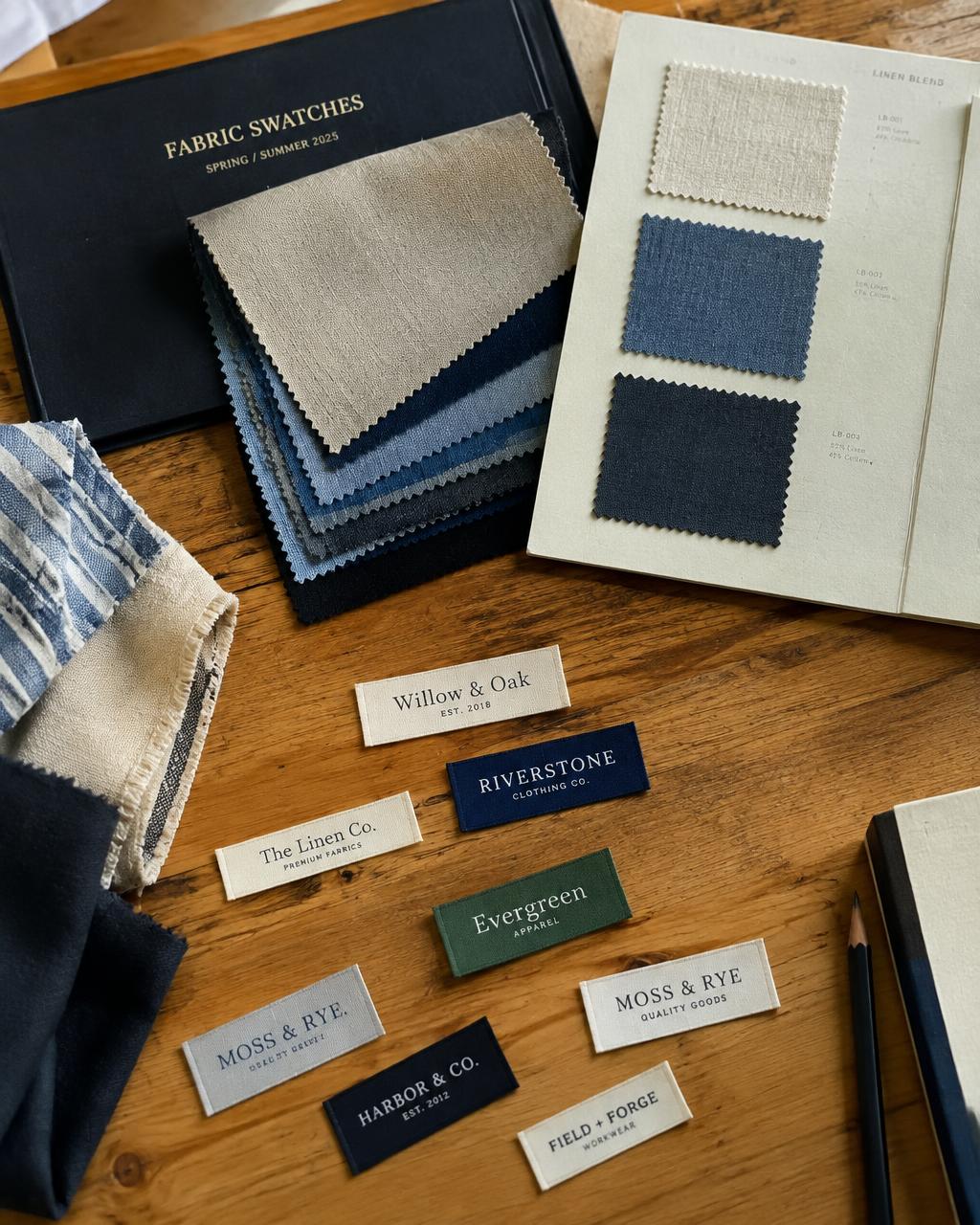 Nuancier de tissus et étiquettes tissées sur une table d'atelier