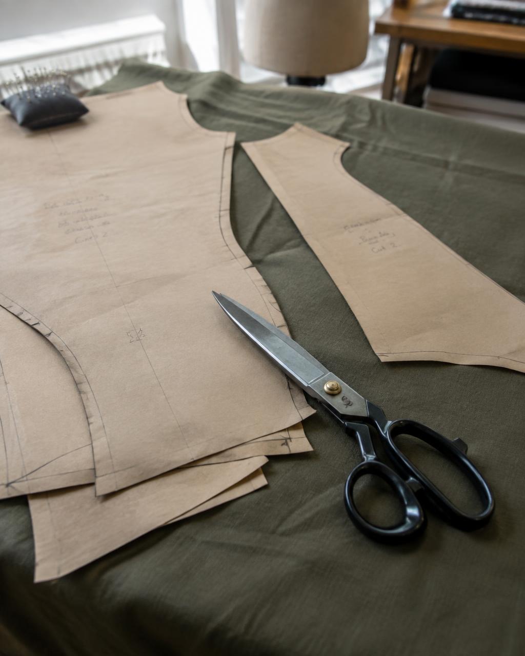 Patronage papier et ciseaux de tailleur posés sur un tissu